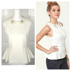 NWT Ivory Peplum Sleeveless Top w/ Pearl & Rhinestone Collar - Fits Medium